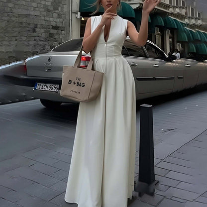 Sleeveless Front Zip Pleated Wide‑Leg Jumpsuit