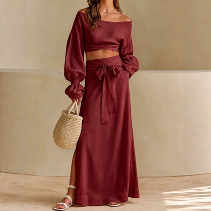 Linen‑Blend Off‑Shoulder Crop Top & Tie‑Waist Slit Maxi Skirt Two‑Piece Set