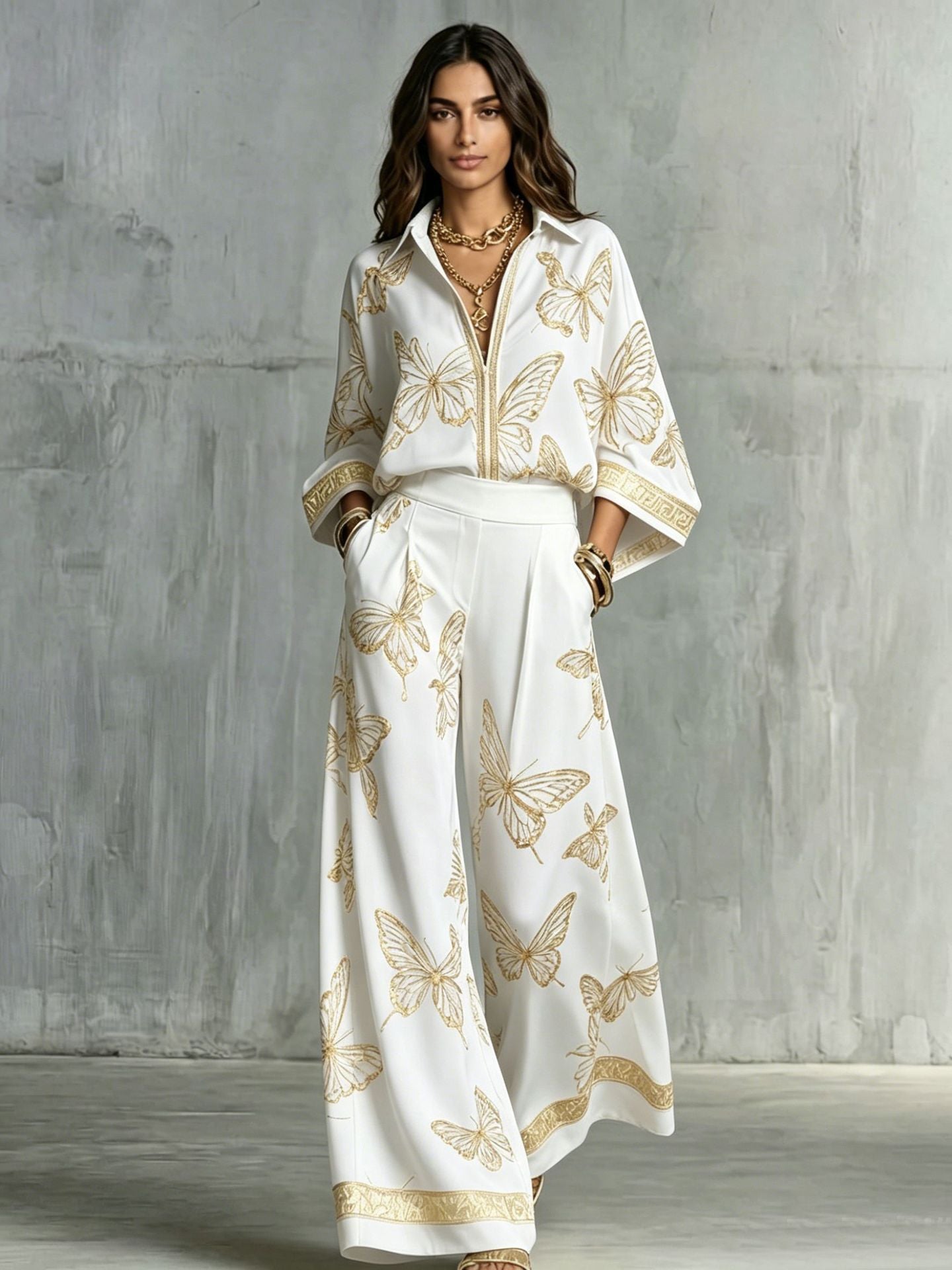 Butterfly Print Zip‑Front Blouse & Wide‑Leg Pant Two‑Piece Set