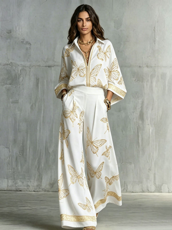 Butterfly Print Zip‑Front Blouse & Wide‑Leg Pant Two‑Piece Set