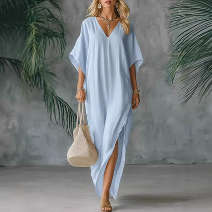 Linen Blend V-Neck Kaftan Maxi Dress