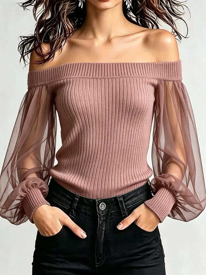 Off‑Shoulder Mesh Puff Sleeve Ribbed Knit Top