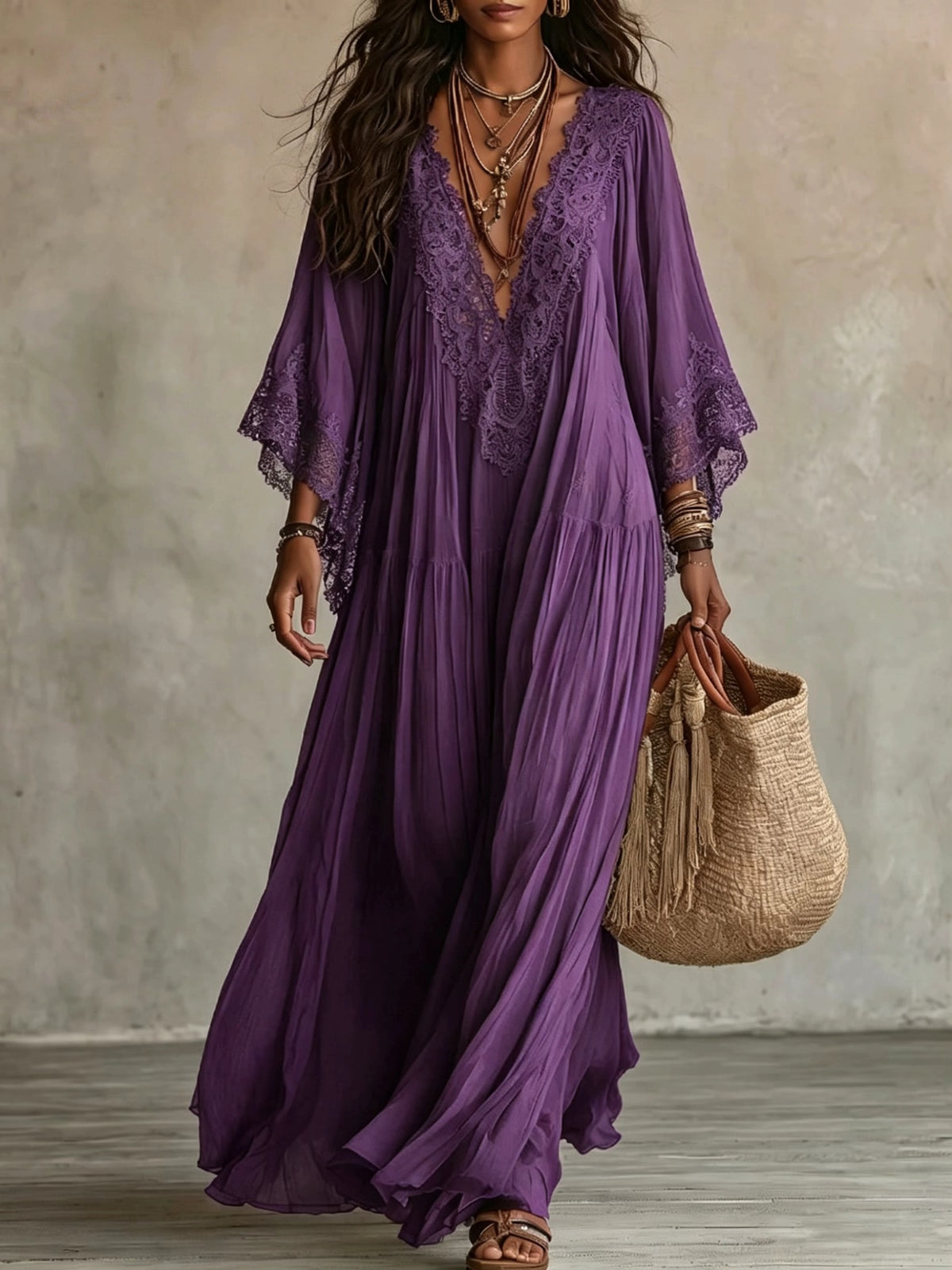 Women’s V-Neck Long Dress With Lace Detailing