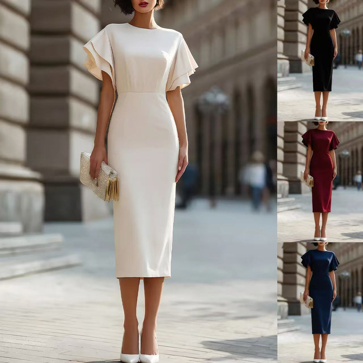 Round Neck Double‑Layer Ruffle Flutter Sleeve Bodycon Midi Dress