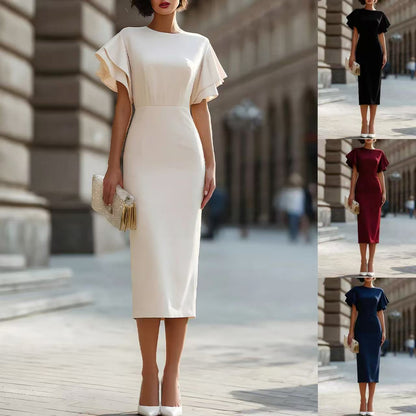 Round Neck Double‑Layer Ruffle Flutter Sleeve Bodycon Midi Dress