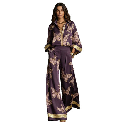 Butterfly Print Zip‑Front Blouse & Wide‑Leg Pant Two‑Piece Set