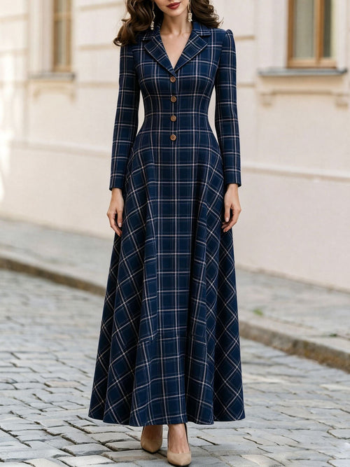 Classic Plaid Long Sleeve Maxi Dress