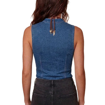 Semi-Sheer Mesh Denim Corset Top