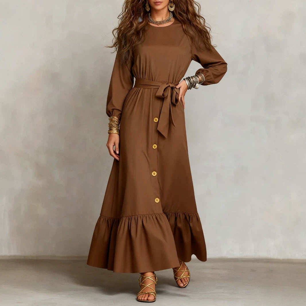 Button‑Front Tie‑Waist Tiered Ruffle Maxi Dress