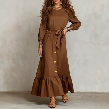 Button‑Front Tie‑Waist Tiered Ruffle Maxi Dress