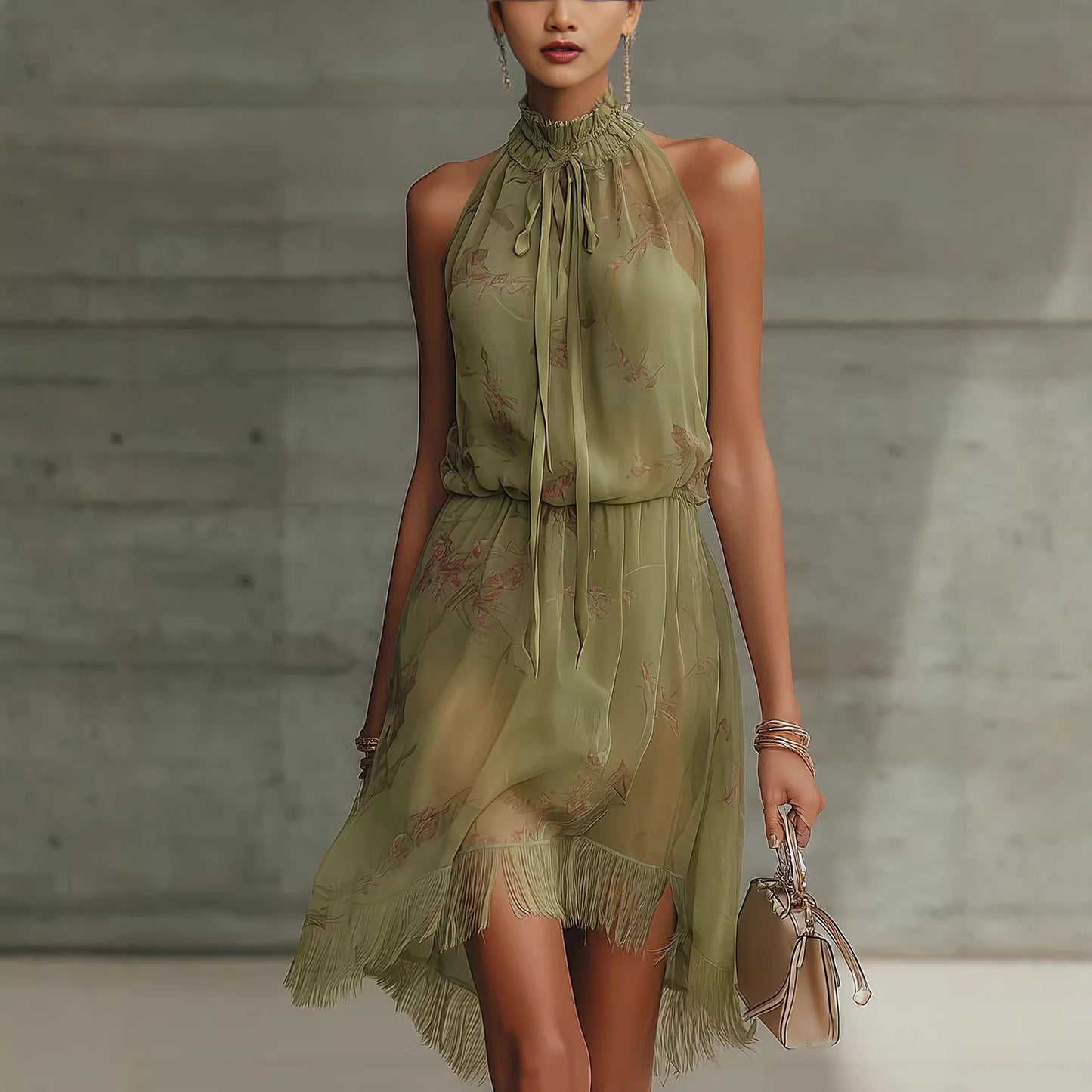 High-Neck Floral Chiffon Fringe Mini Dress