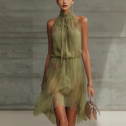 High-Neck Floral Chiffon Fringe Mini Dress
