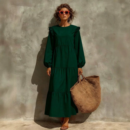 Women's Solid Emerald Green Ruffle Shoulder Tiered Long‑Sleeve Maxi Dress