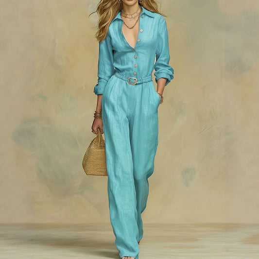 Classic Collared Belted Linen Blend Wide Leg Jumpsuit