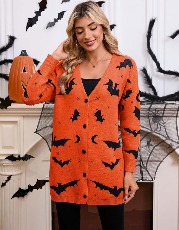 Women's Halloween Bat Moon Print V Neck Long Sleeve Button Front Knit Cardigan