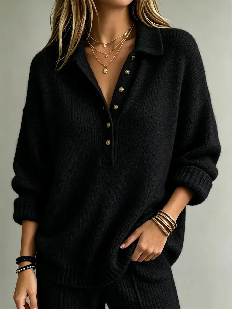 Loose Collared Henley Knit Sweater Women Solid Long Sleeve Casual Pullover Top
