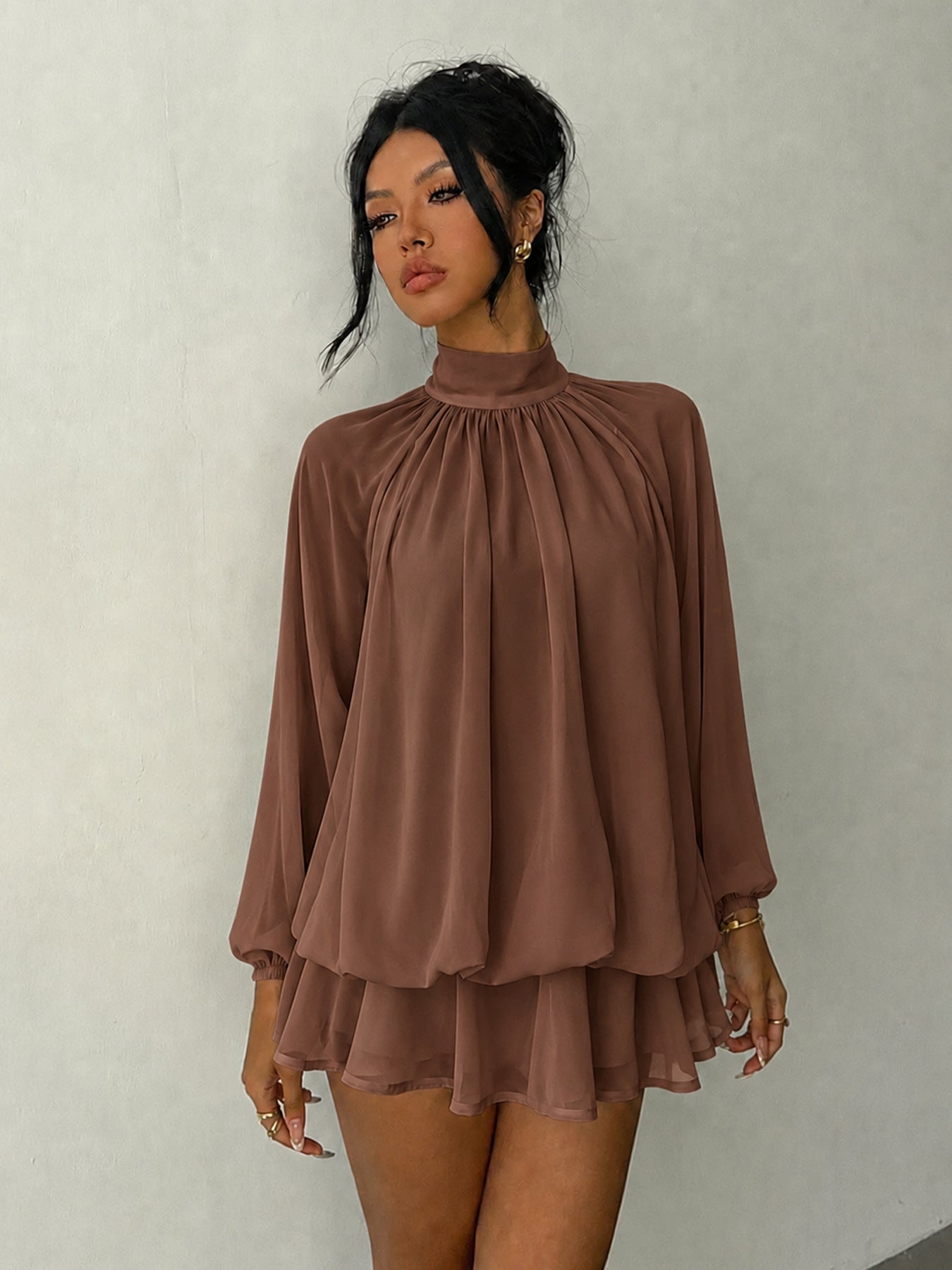 Mock Neck Long Sleeve Skort Dress Women Solid Ruffle Layer Hem Loose Casual Mini Dress