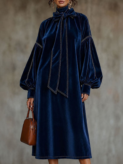 Velvet Midi Dress With Bow Detail And Lantern Sleeves - Navy Blue / XS(2) - Midi Dresses