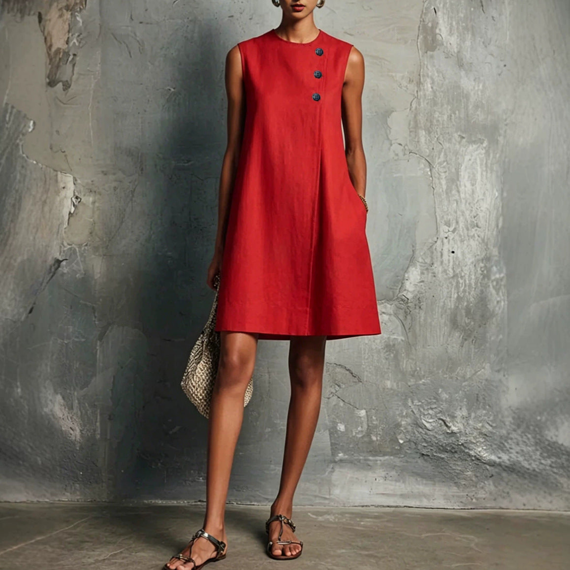 The Sculptural Button Shift Mini Dress