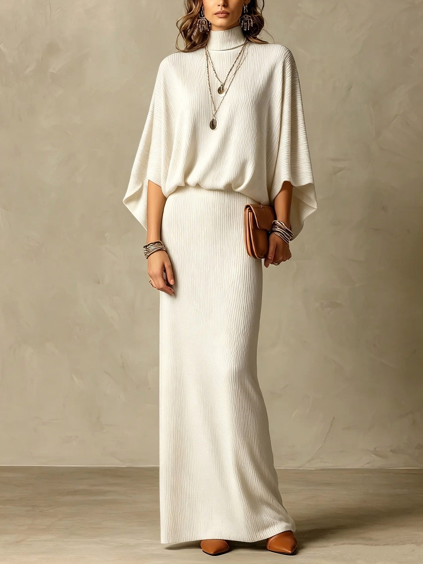 Women's Grey Ribbed Turtleneck Batwing Top & High Waist Maxi Skirt Two Piece Set