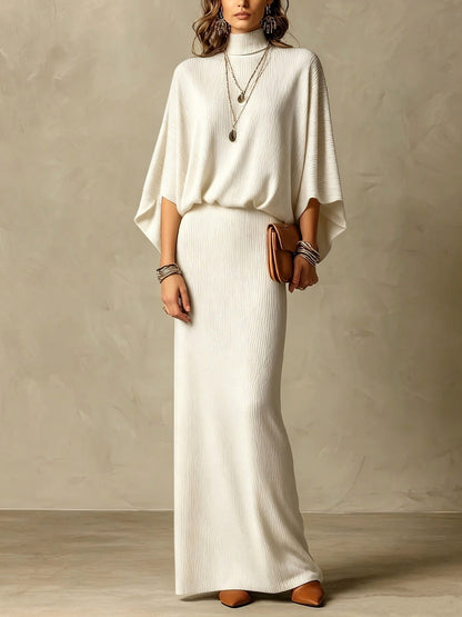 Women's Grey Ribbed Turtleneck Batwing Top & High Waist Maxi Skirt Two Piece Set