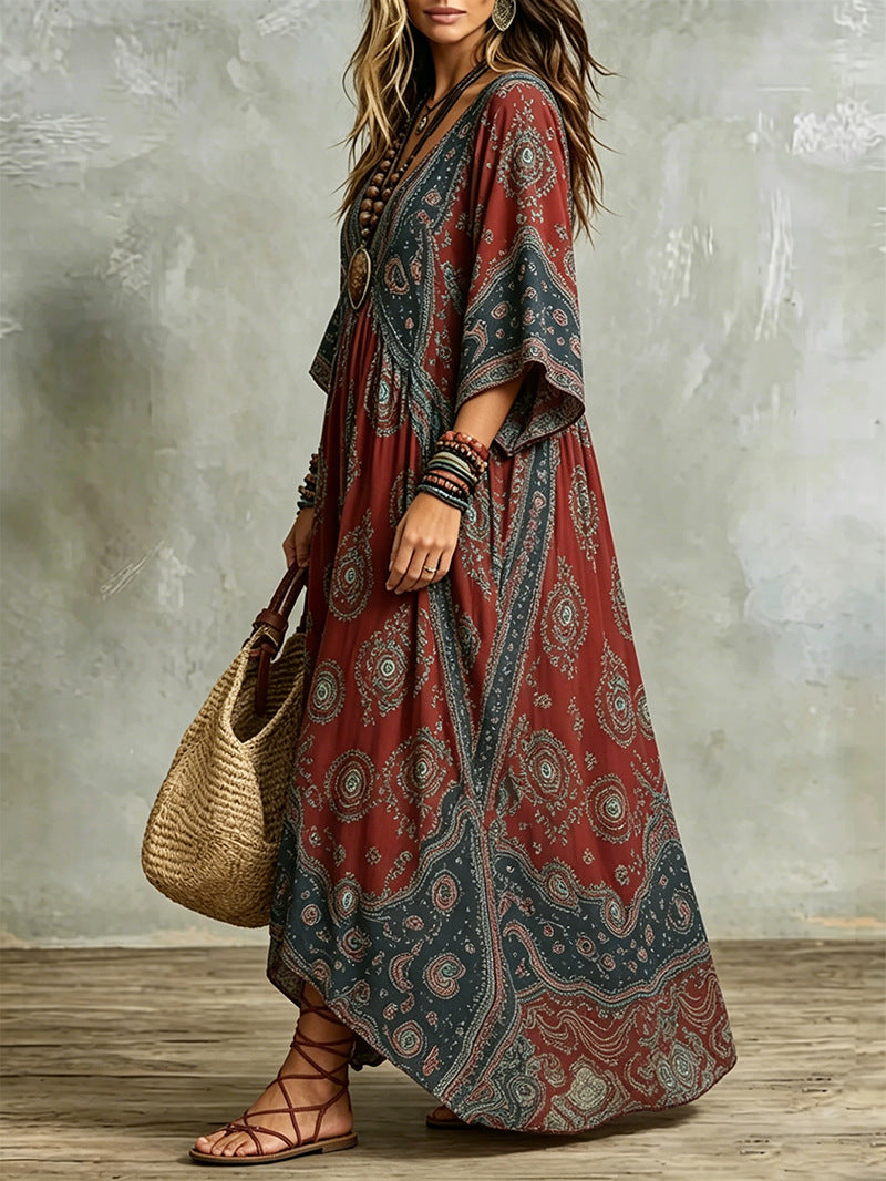 Bohemian Printed V‑Neck Kimono Sleeve Maxi Dress