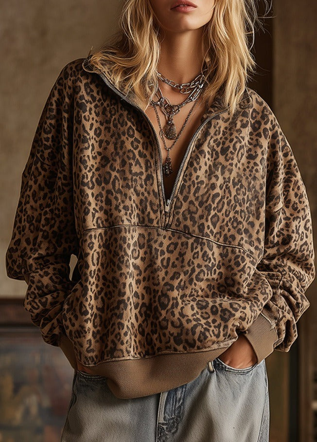 Women's Vintage Leopard Print Half Zip Long Sleeve Pullover Sweatshirt