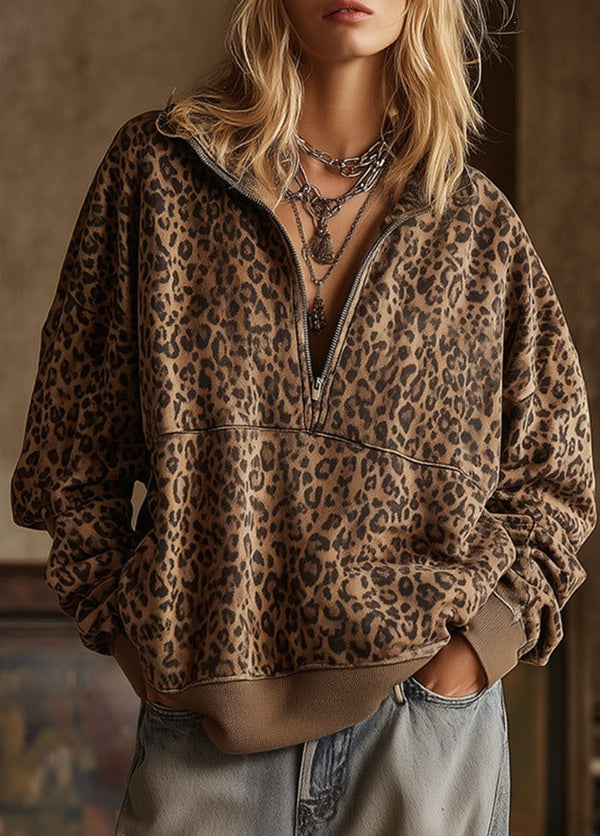Women's Vintage Leopard Print Half Zip Long Sleeve Pullover Sweatshirt