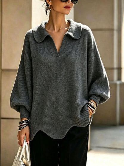 Peter Pan Collar V-Notch Oversized Rib Knit Sweater