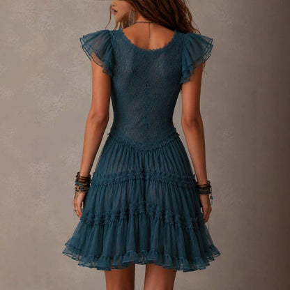 Teal Boho Lace Tiered Ruffle Mini Dress