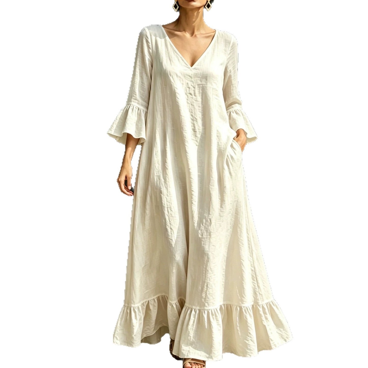 V‑Neck Ruffle Flare Sleeve Linen‑Blend Maxi Dress