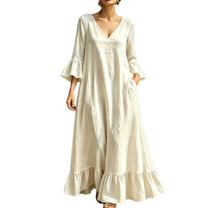 V‑Neck Ruffle Flare Sleeve Linen‑Blend Maxi Dress