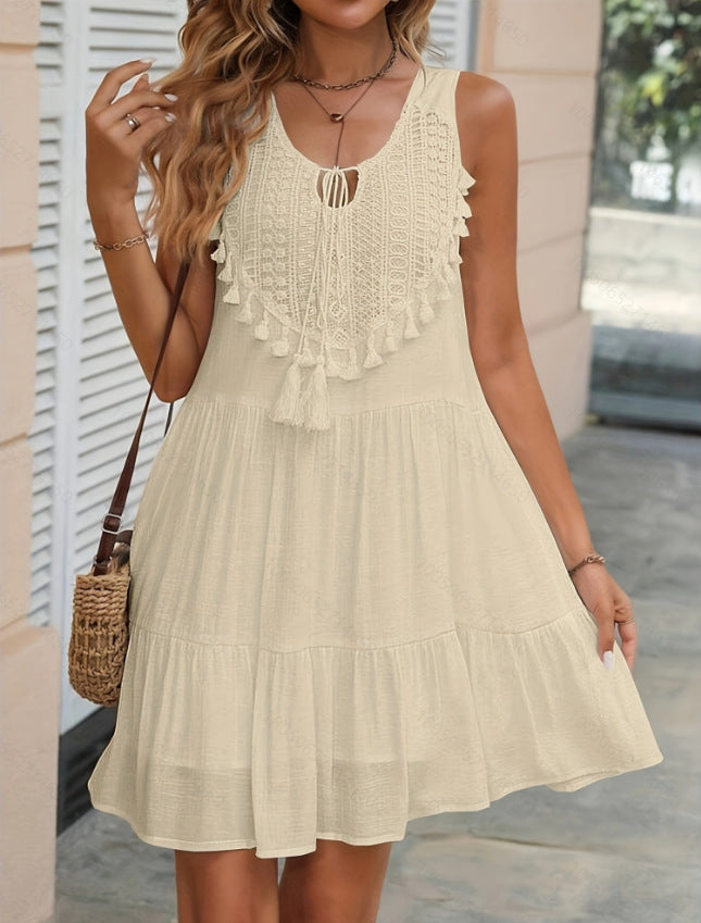 Crochet Lace Tassel‑Trim Sleeveless Tiered Mini Dress