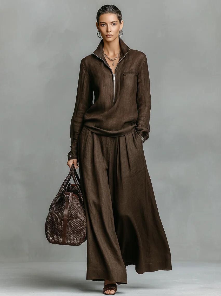 Linen Two Piece Set Women Half Zip Top & Wide Leg Pants Casual Co‑ord Outfit
