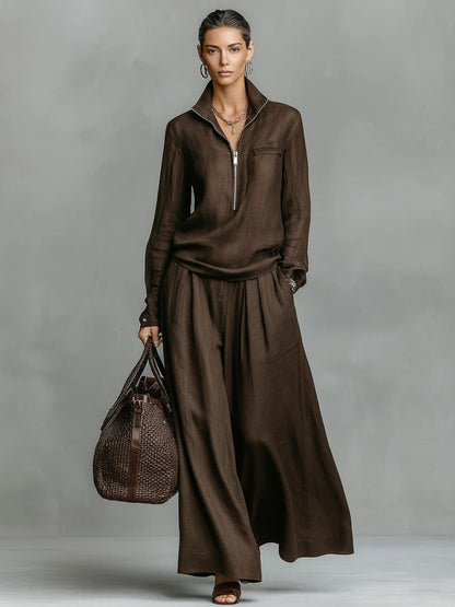 Linen Two Piece Set Women Half Zip Top & Wide Leg Pants Casual Co‑ord Outfit