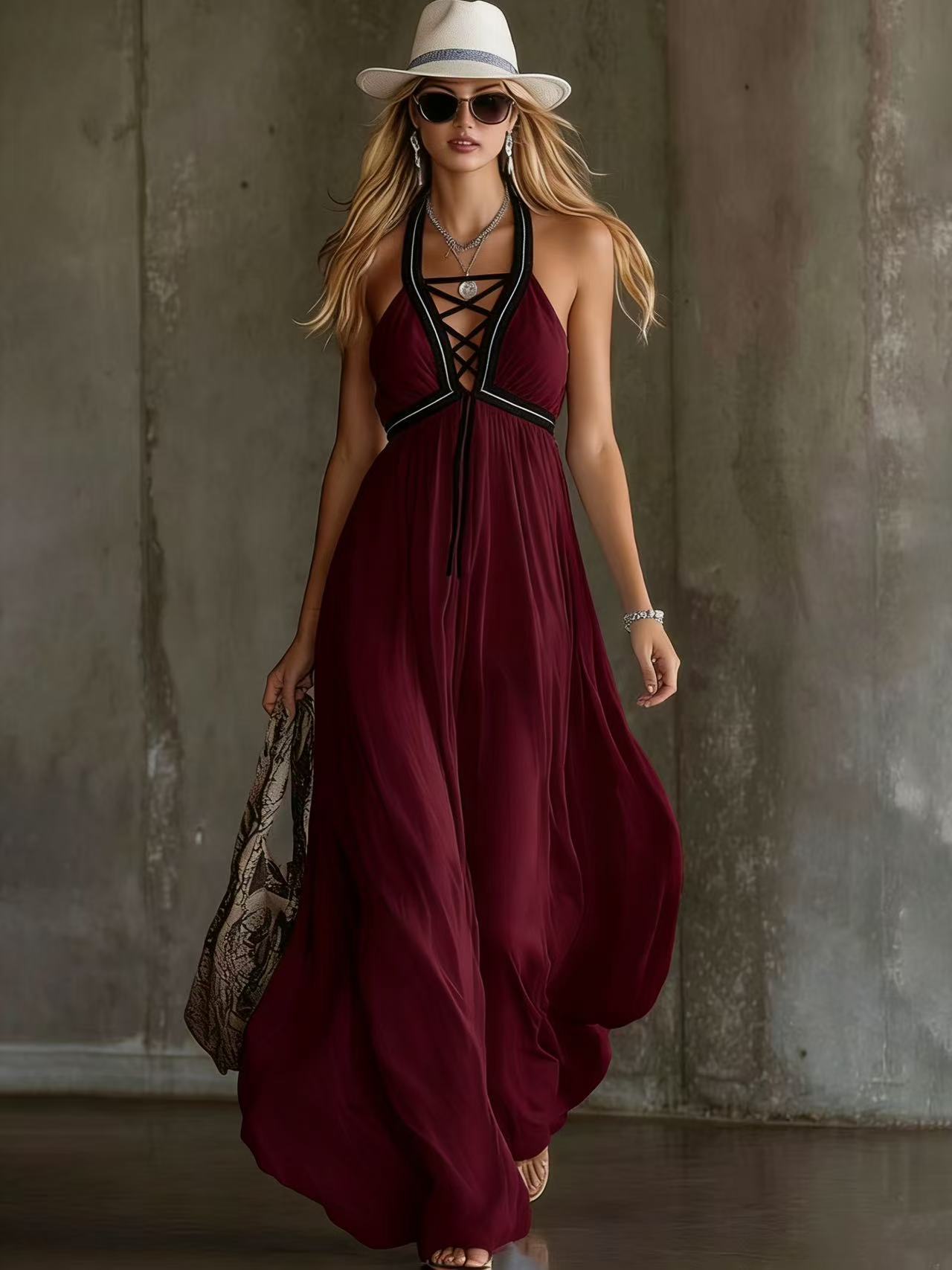 Light Blue Crisscross Halter Flowy Chiffon Maxi Dress