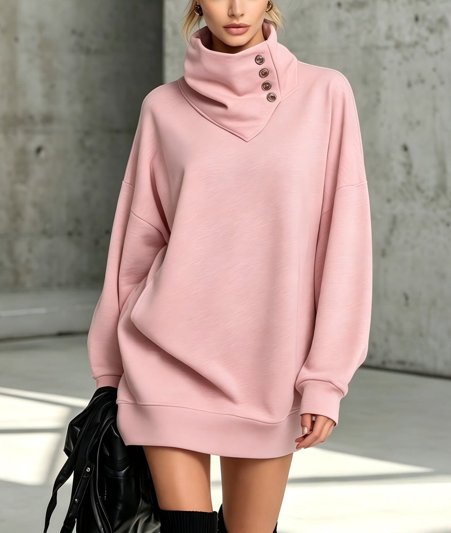 Women's Solid Pink Button-Detail Cowl Neck Long Sweatshirt Tunic Dress