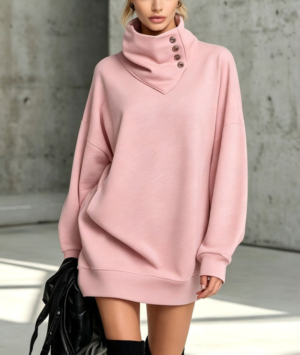 Women's Solid Pink Button-Detail Cowl Neck Long Sweatshirt Tunic Dress