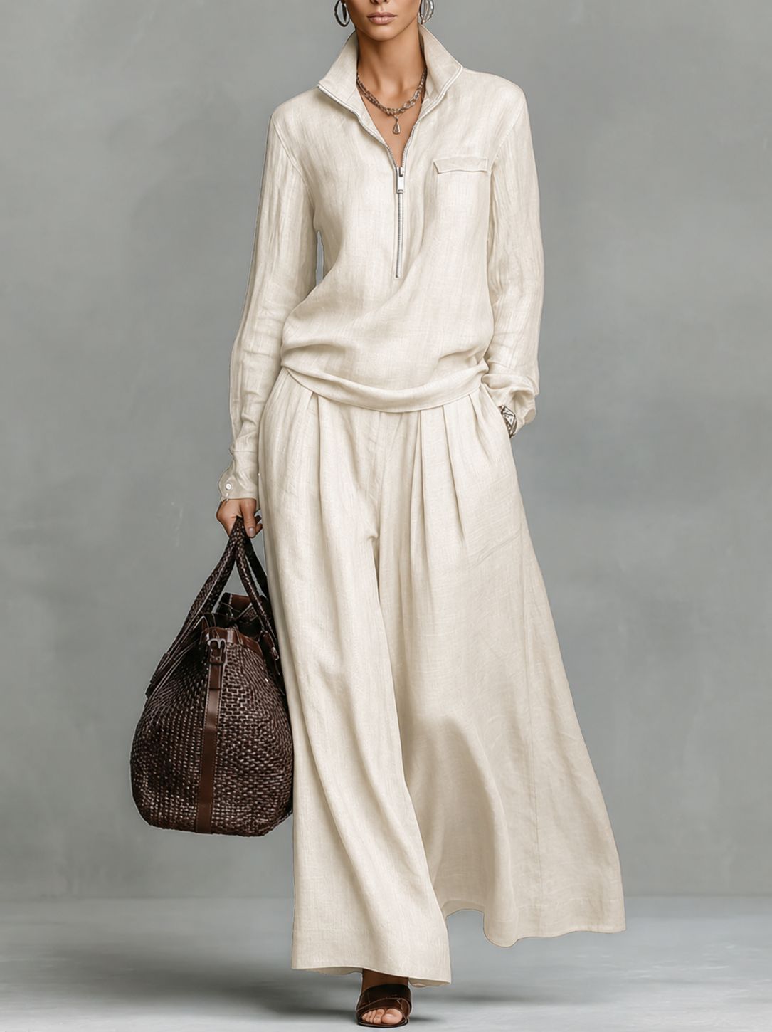Linen Two Piece Set Women Half Zip Top & Wide Leg Pants Casual Co‑ord Outfit