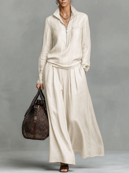 Linen Two Piece Set Women Half Zip Top & Wide Leg Pants Casual Co‑ord Outfit