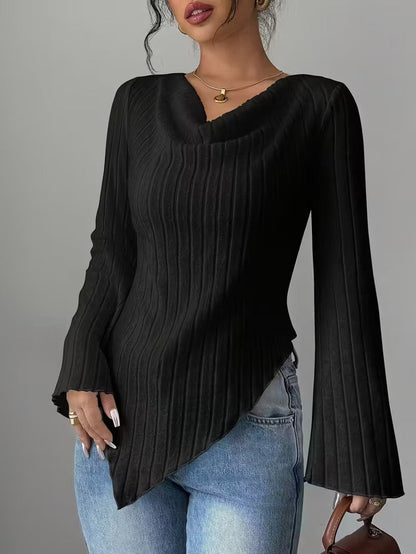 Women's White Ribbed V Neck Flare Long Sleeve Asymmetric Hem Slim Knit Top