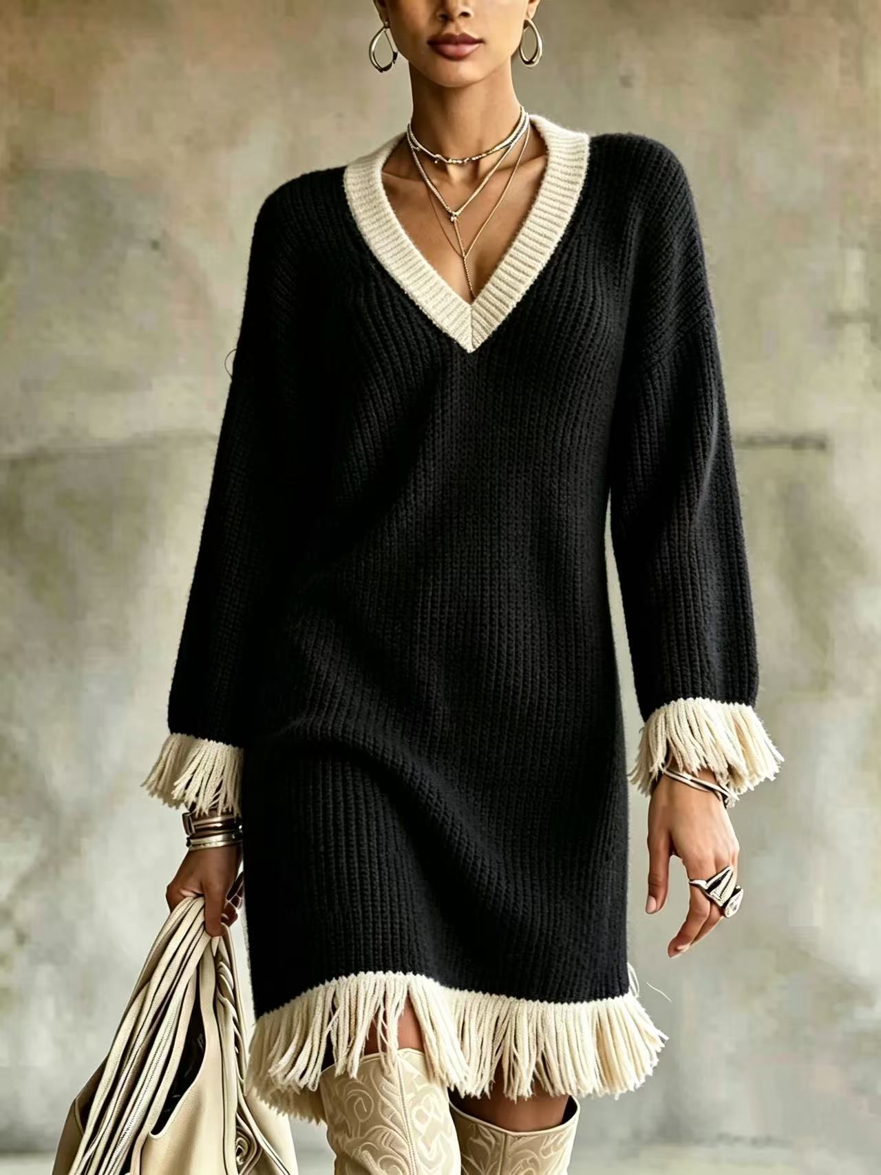 Women Color‑Block Knit Sweater Dress, V‑Neck Long Sleeve Fringe Trim Cuff & Hem Loose Fall Winter Mini Dress
