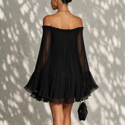 Off‑Shoulder Pleated Chiffon Bell‑Sleeve Mini Dress