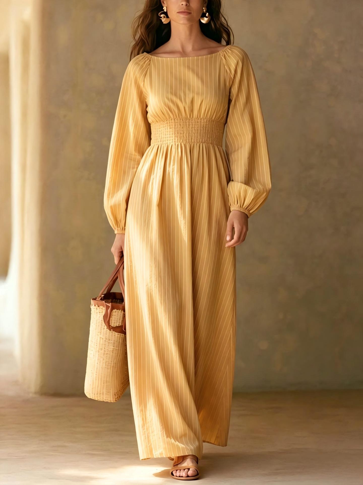 Pinstripe Smocked‑Waist Balloon Sleeve Maxi Dress