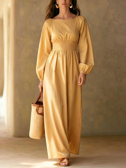 Pinstripe Smocked‑Waist Balloon Sleeve Maxi Dress