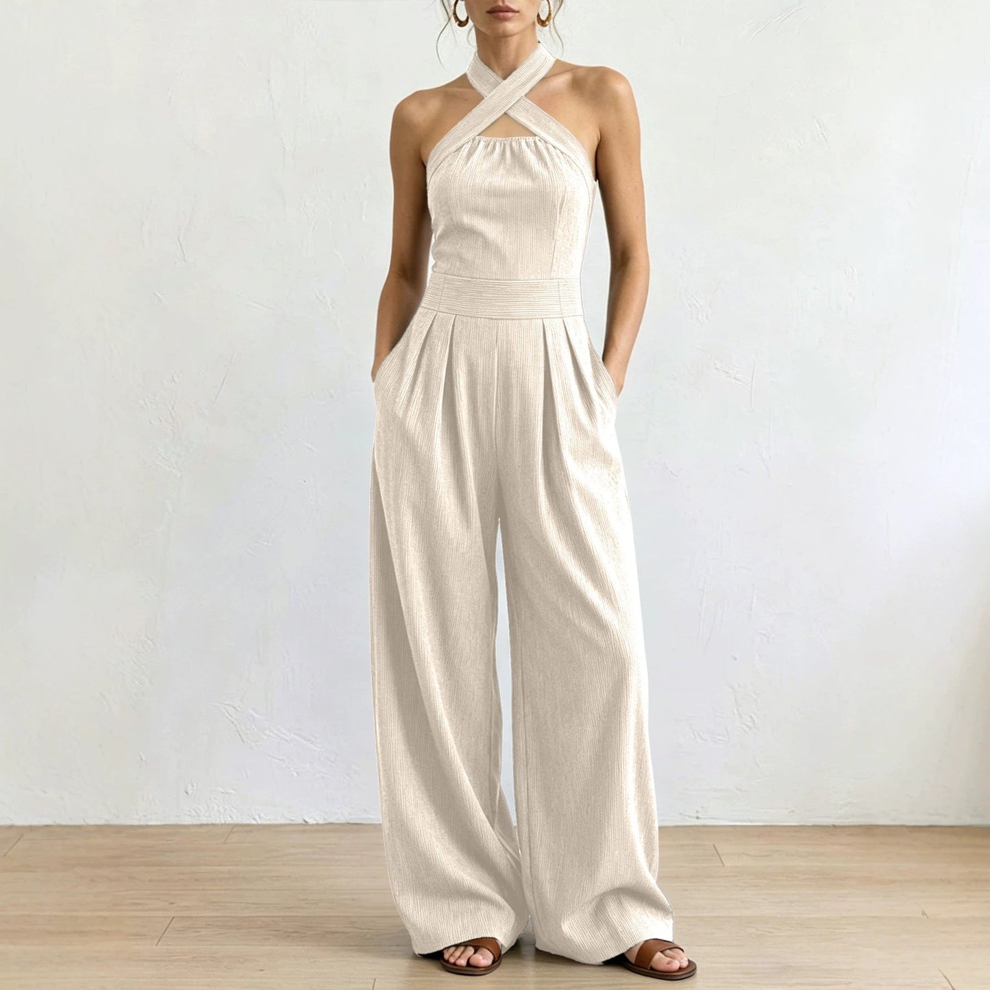 Crisscross Halter Keyhole Cutout High Waist Wide Leg Pantsuit with Pockets