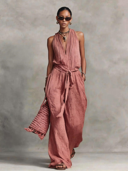Casual Lace-Up Sleeveless Cotton Blend Jumpsuit