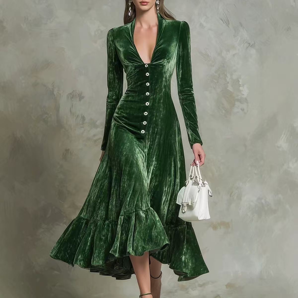 Button-Front Velvet Midi Dress