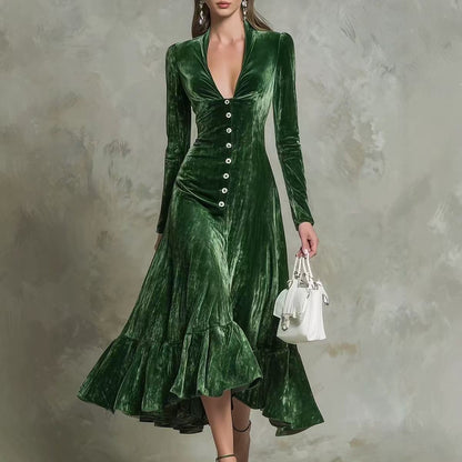 Button-Front Velvet Midi Dress