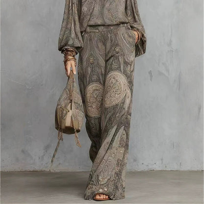 Vintage Paisley Print Long Sleeve Blouse & High Waist Wide Leg Pants 2 Piece Boho Co-Ord Set